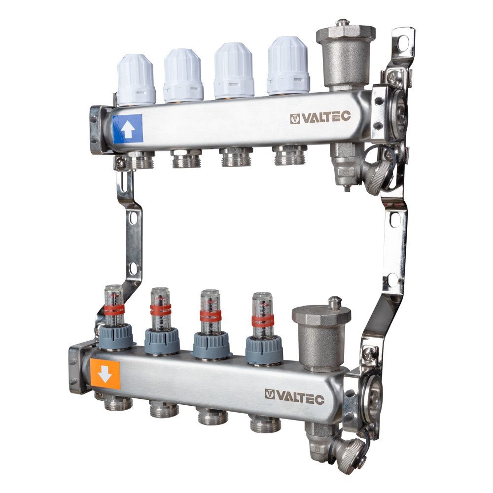 Коллекторный блок из нерж. стали с регул.клап. и расх. 1"х5 вых. Евроконус 3/4 VALTEC