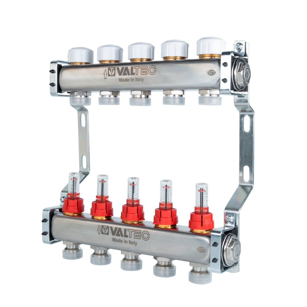 Коллекторный блок из нерж. стали с регул.клап. и расх. 1"х2 вых. Евроконус 3/4 VALTEC