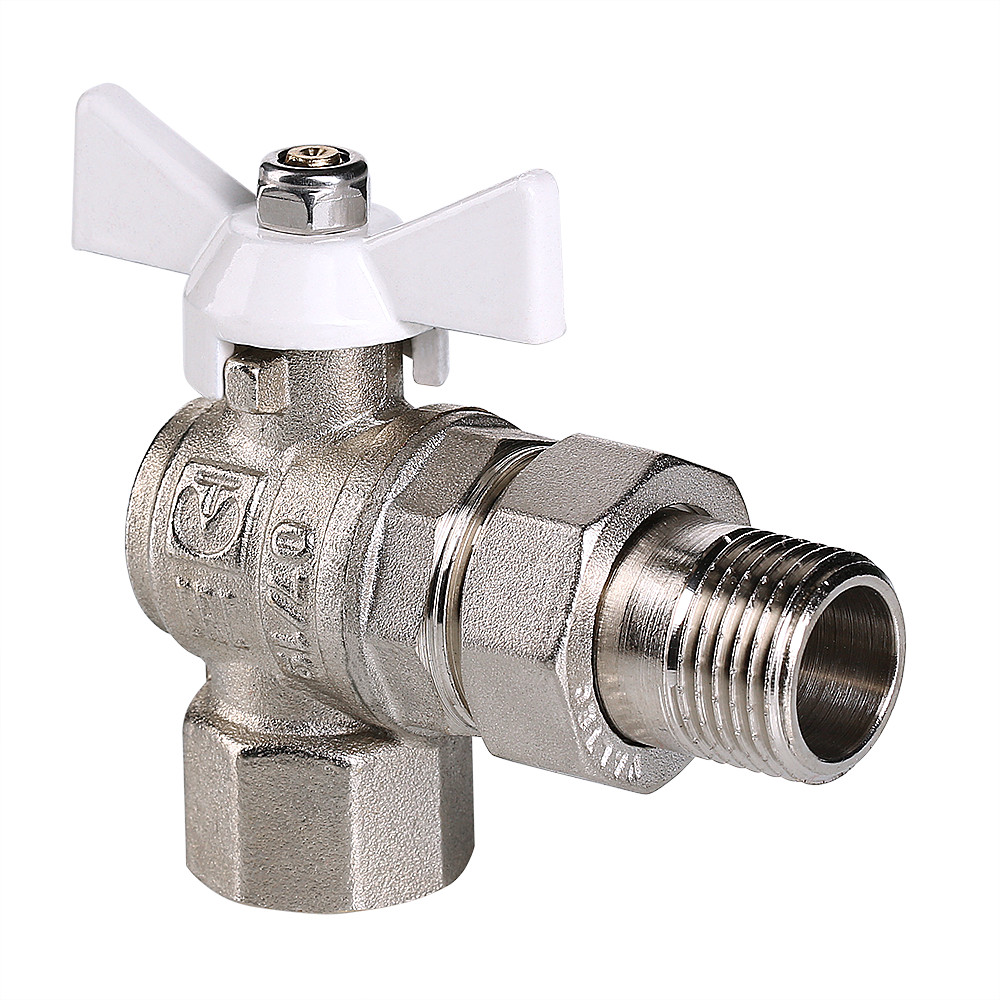 Кран шар. BASE угловой с полусгоном 1/2" вн.-нар. белая рукоятка VALTEC
