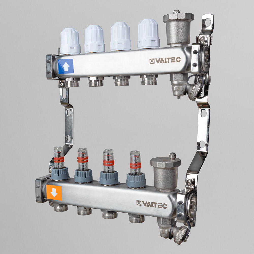 Коллекторный блок из нерж. стали с регул.клап. и расх. 1"х10 вых. Евроконус 3/4 VALTEC